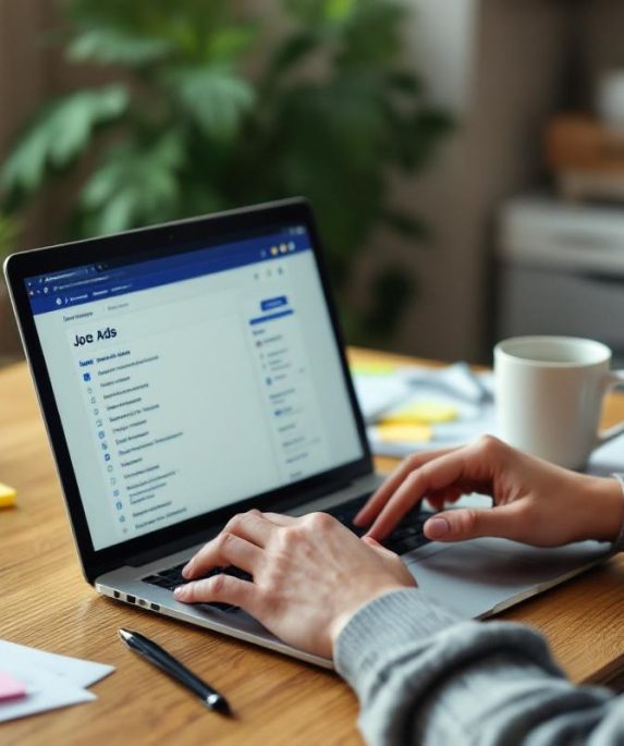 Jeune travailleur temporaire lisant des offres d'emploi sur un ordinateur portable dans un bureau à domicile. Lumière douce du matin, tasse de café, papiers et notes collées sur le bureau, plante en pot, expression concentrée et naturelle.