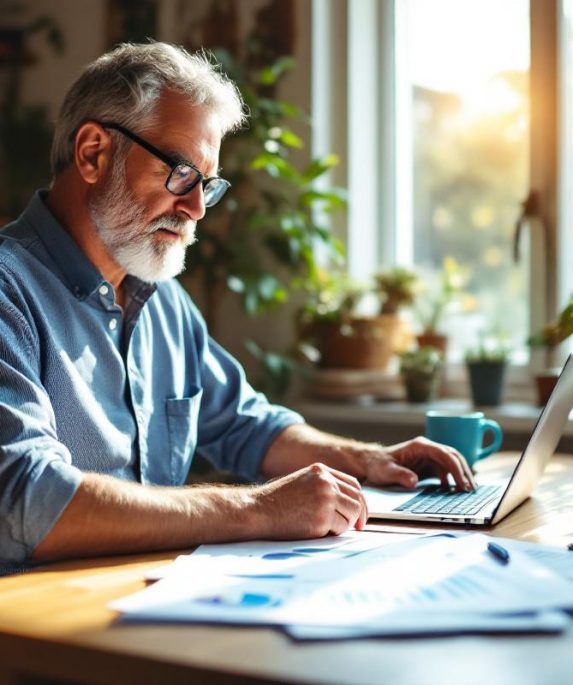 Propriétaire vérifiant des feuilles de calcul comptables dans son bureau à domicile, assis à un bureau en bois avec ordinateur portable, papiers et plantes, éclairage naturel matinal doux, ambiance chaleureuse et ordonnée.