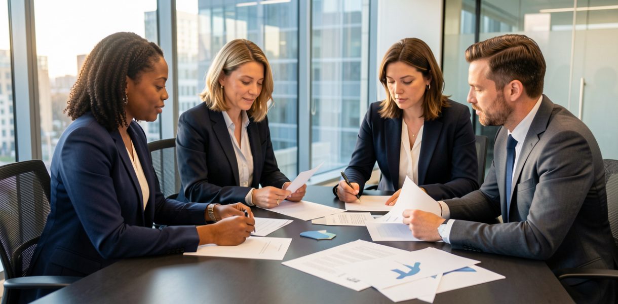 Une équipe de dirigeants, composée de deux femmes et de deux hommes, examine des documents financiers dans une salle de réunion moderne et vitrée.