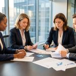 Une équipe de dirigeants, composée de deux femmes et de deux hommes, examine des documents financiers dans une salle de réunion moderne et vitrée.