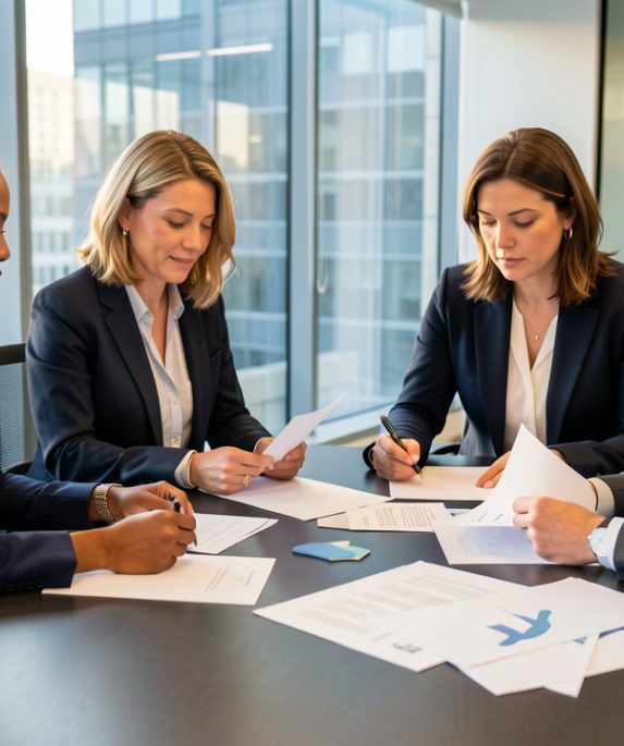 Une équipe de dirigeants, composée de deux femmes et de deux hommes, examine des documents financiers dans une salle de réunion moderne et vitrée.