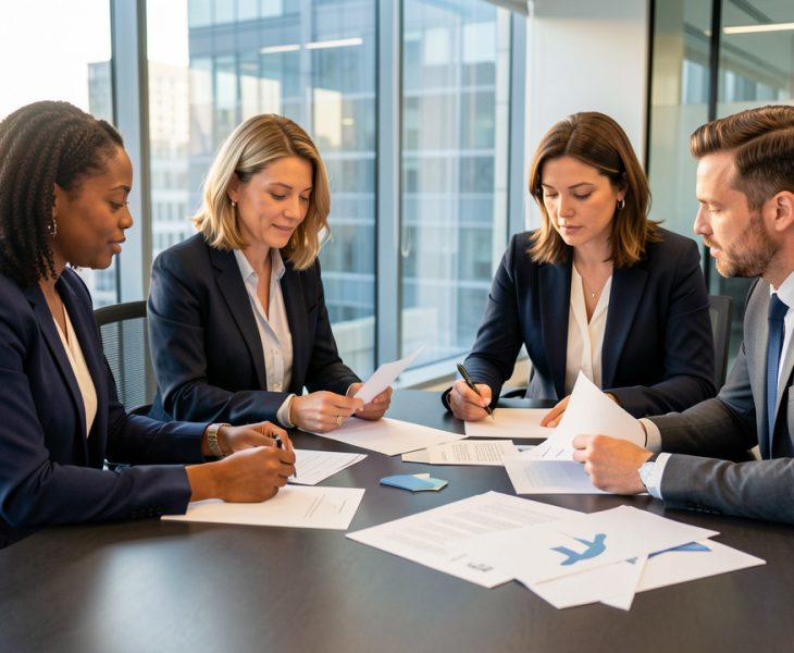 Une équipe de dirigeants, composée de deux femmes et de deux hommes, examine des documents financiers dans une salle de réunion moderne et vitrée.