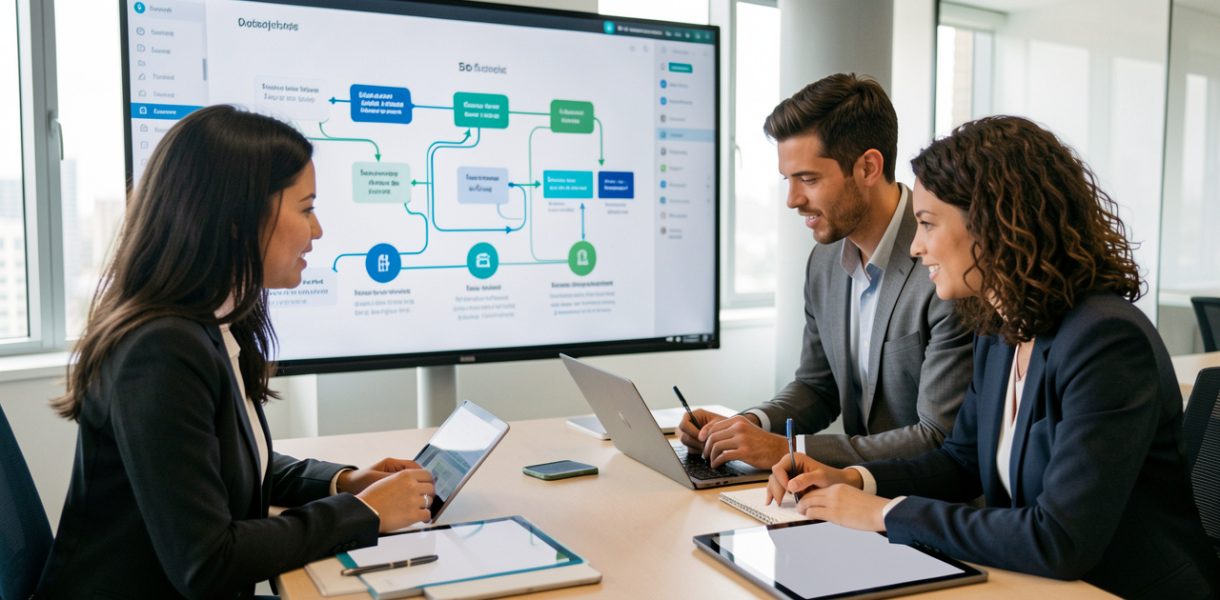 Équipe d’entreprise composée de deux femmes et d’un homme analysant ensemble un parcours client multicanal abstrait sur un grand écran, dans un bureau moderne.