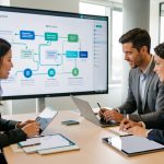 Équipe d’entreprise composée de deux femmes et d’un homme analysant ensemble un parcours client multicanal abstrait sur un grand écran, dans un bureau moderne.