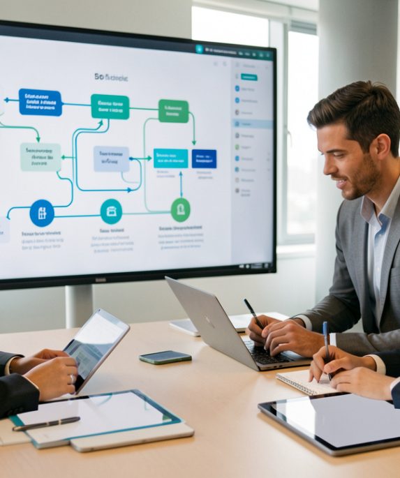 Équipe d’entreprise composée de deux femmes et d’un homme analysant ensemble un parcours client multicanal abstrait sur un grand écran, dans un bureau moderne.