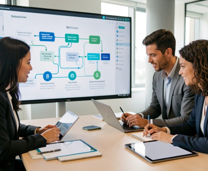 Équipe d’entreprise composée de deux femmes et d’un homme analysant ensemble un parcours client multicanal abstrait sur un grand écran, dans un bureau moderne.
