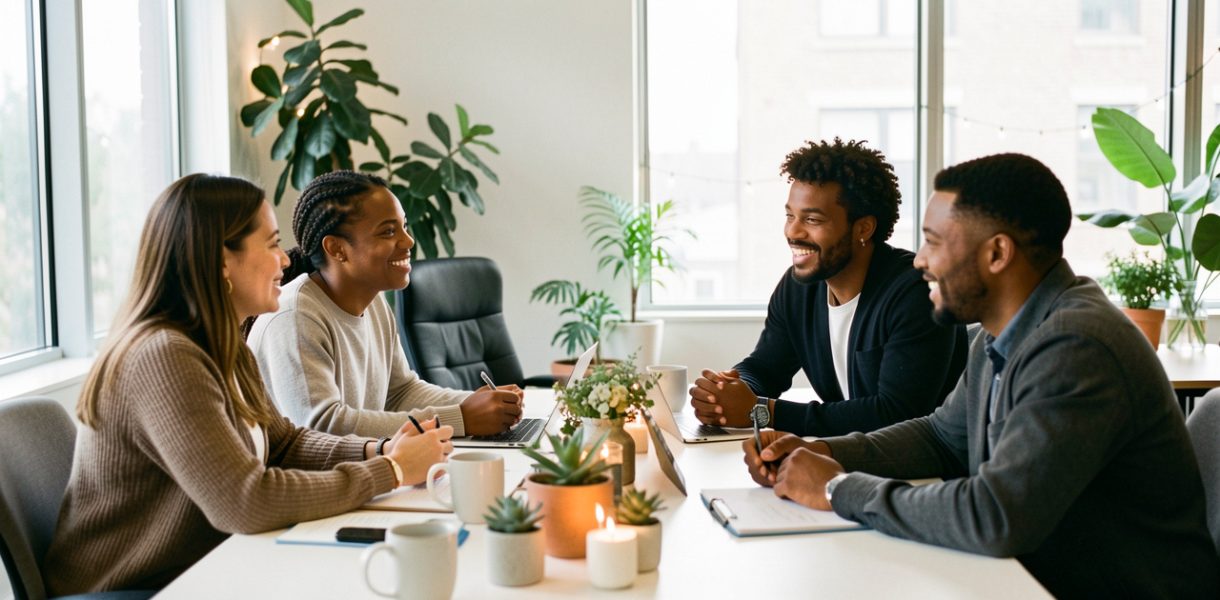 Équipe d’entreprise diverse échangeant autour d’une table dans un bureau lumineux décoré avec discrétion pour les fêtes.