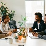 Équipe d’entreprise diverse échangeant autour d’une table dans un bureau lumineux décoré avec discrétion pour les fêtes.