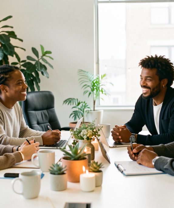 Équipe d’entreprise diverse échangeant autour d’une table dans un bureau lumineux décoré avec discrétion pour les fêtes.