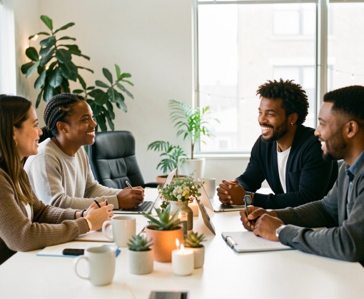 Équipe d’entreprise diverse échangeant autour d’une table dans un bureau lumineux décoré avec discrétion pour les fêtes.