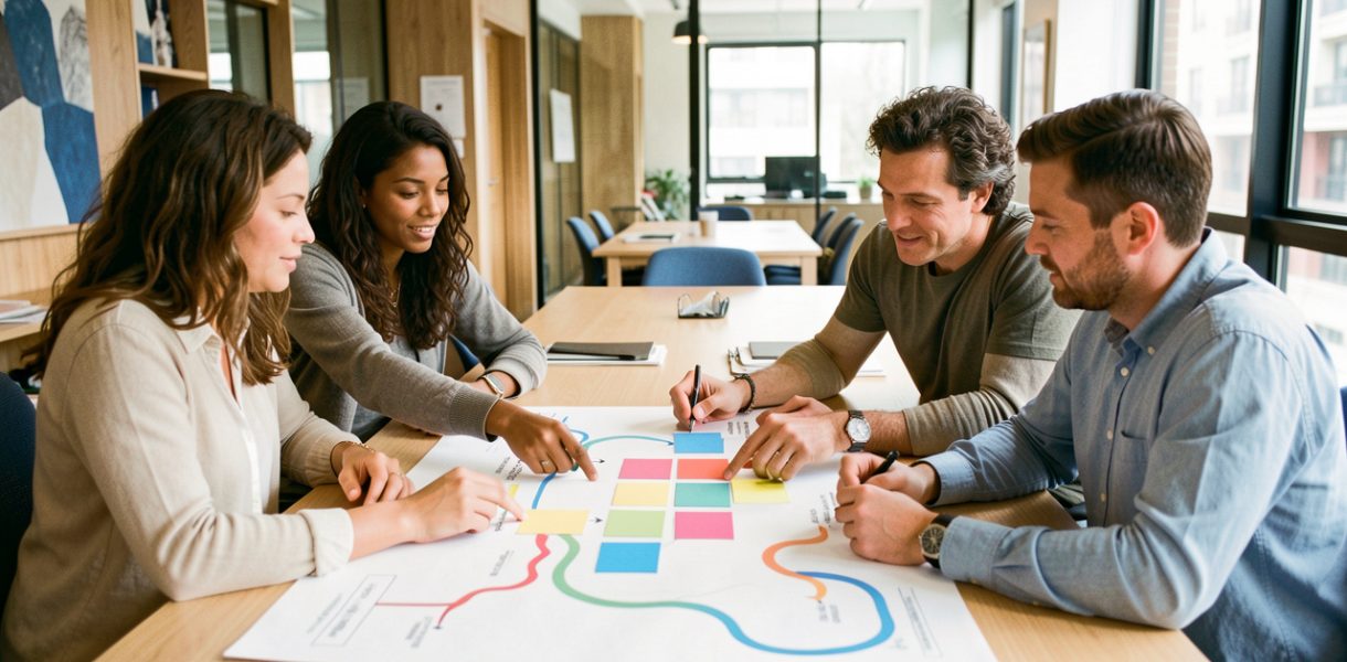 Équipe composée de deux femmes et de deux hommes analysant ensemble un parcours client autour d’une table dans un bureau moderne et collaboratif.