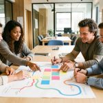 Équipe composée de deux femmes et de deux hommes analysant ensemble un parcours client autour d’une table dans un bureau moderne et collaboratif.