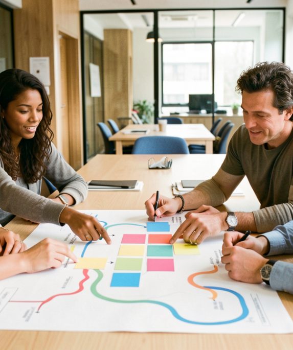 Équipe composée de deux femmes et de deux hommes analysant ensemble un parcours client autour d’une table dans un bureau moderne et collaboratif.
