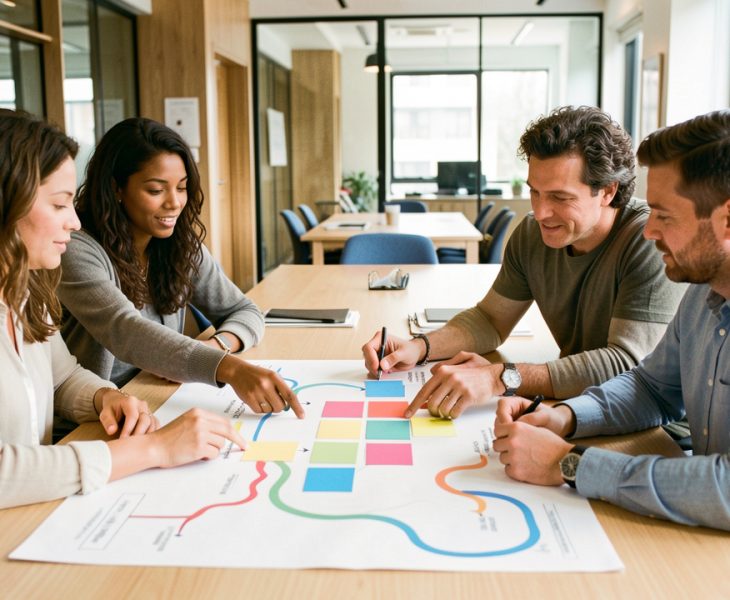 Équipe composée de deux femmes et de deux hommes analysant ensemble un parcours client autour d’une table dans un bureau moderne et collaboratif.