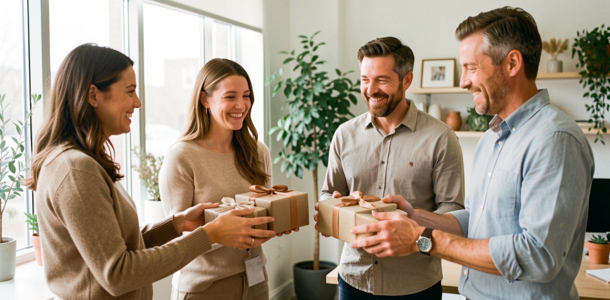 Équipe diverse échangeant des cadeaux sobres dans un bureau lumineux décoré avec des éléments festifs.