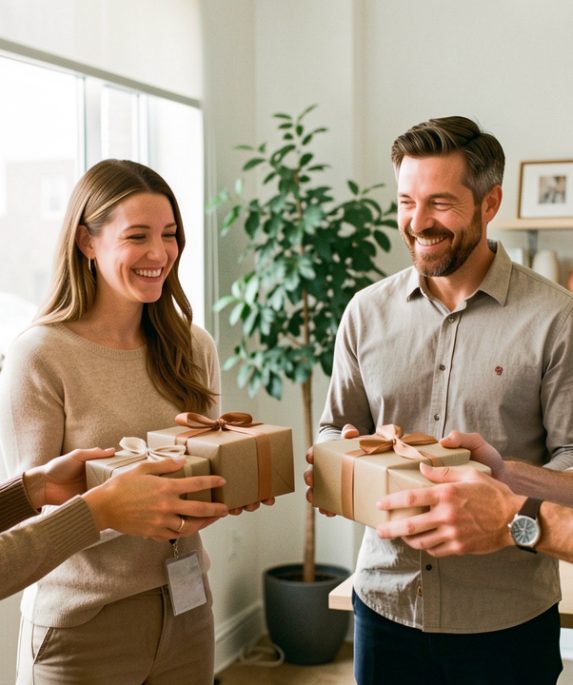 Équipe diverse échangeant des cadeaux sobres dans un bureau lumineux décoré avec des éléments festifs.