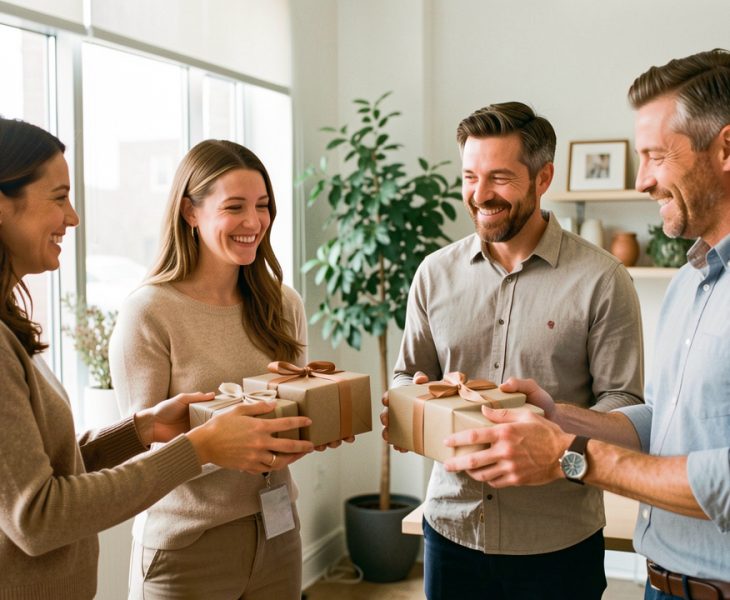 Équipe diverse échangeant des cadeaux sobres dans un bureau lumineux décoré avec des éléments festifs.