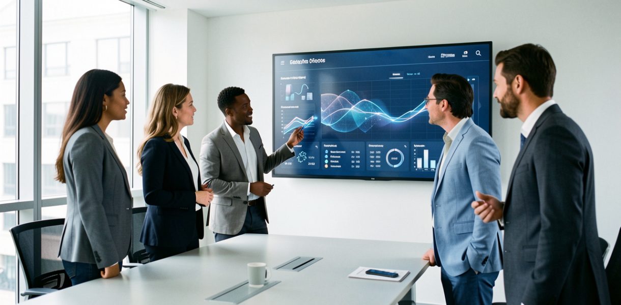 Une équipe dirigeante composée de deux femmes et de deux hommes analyse un tableau de bord de données dans un bureau moderne et lumineux.