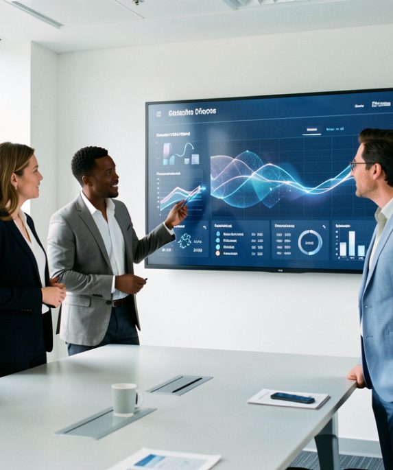 Une équipe dirigeante composée de deux femmes et de deux hommes analyse un tableau de bord de données dans un bureau moderne et lumineux.
