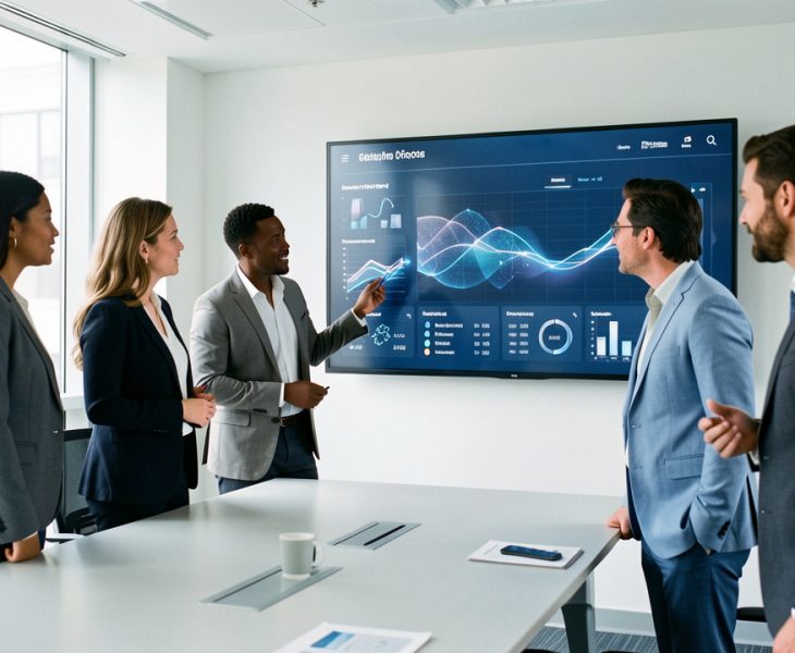 Une équipe dirigeante composée de deux femmes et de deux hommes analyse un tableau de bord de données dans un bureau moderne et lumineux.