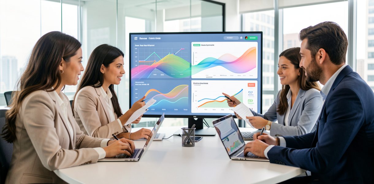 Équipe marketing composée de deux femmes et deux hommes analysant ensemble plusieurs canaux d’acquisition sur un tableau de bord moderne et lumineux.