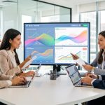 Équipe marketing composée de deux femmes et deux hommes analysant ensemble plusieurs canaux d’acquisition sur un tableau de bord moderne et lumineux.