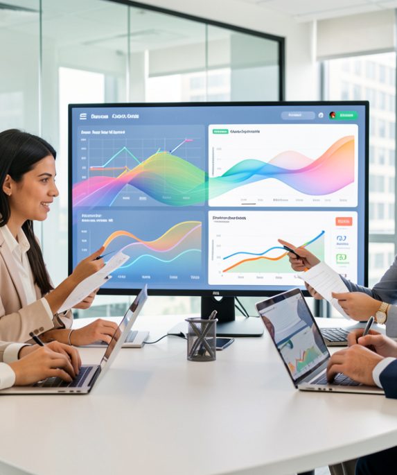Équipe marketing composée de deux femmes et deux hommes analysant ensemble plusieurs canaux d’acquisition sur un tableau de bord moderne et lumineux.