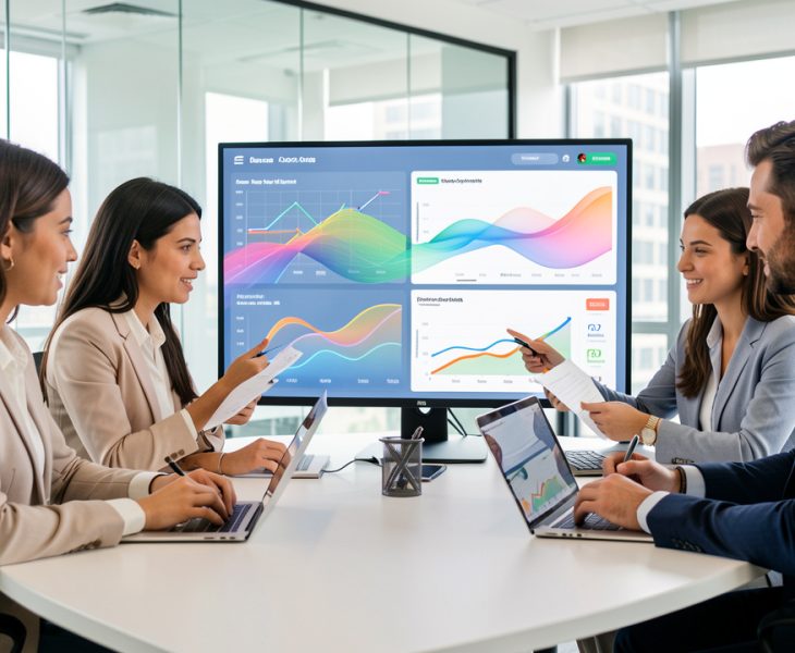 Équipe marketing composée de deux femmes et deux hommes analysant ensemble plusieurs canaux d’acquisition sur un tableau de bord moderne et lumineux.