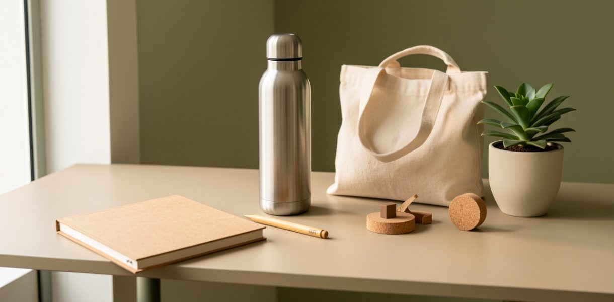 Sélection élégante d’objets publicitaires durables disposés sur un bureau moderne, avec carnet vierge, stylo en bambou, bouteille réutilisable, sac en coton biologique et accessoires en liège.