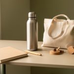 Sélection élégante d’objets publicitaires durables disposés sur un bureau moderne, avec carnet vierge, stylo en bambou, bouteille réutilisable, sac en coton biologique et accessoires en liège.
