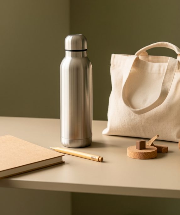 Sélection élégante d’objets publicitaires durables disposés sur un bureau moderne, avec carnet vierge, stylo en bambou, bouteille réutilisable, sac en coton biologique et accessoires en liège.