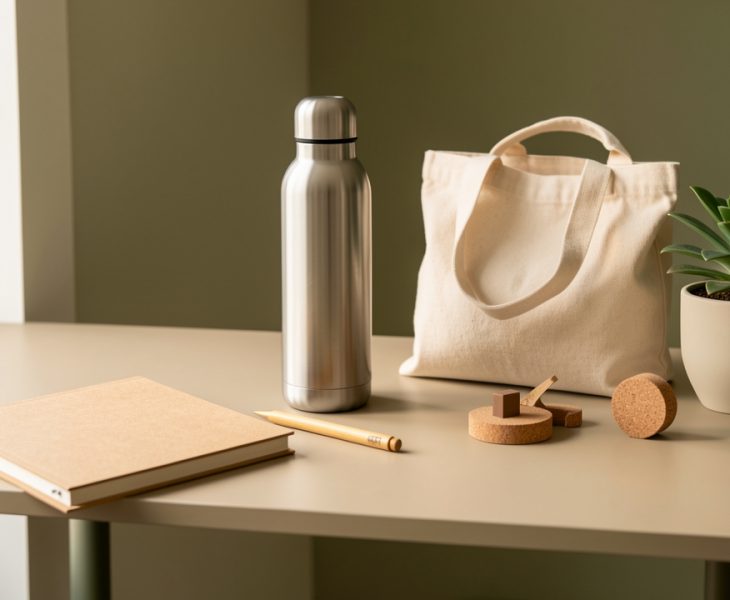 Sélection élégante d’objets publicitaires durables disposés sur un bureau moderne, avec carnet vierge, stylo en bambou, bouteille réutilisable, sac en coton biologique et accessoires en liège.