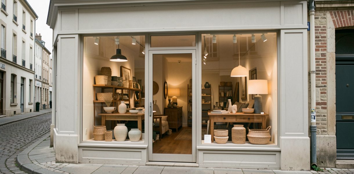 Devanture réaliste d’une boutique de décoration à Auxerre, avec une vitrine présentant des meubles et des luminaires dans une rue commerçante calme.