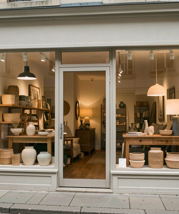 Devanture réaliste d’une boutique de décoration à Auxerre, avec une vitrine présentant des meubles et des luminaires dans une rue commerçante calme.
