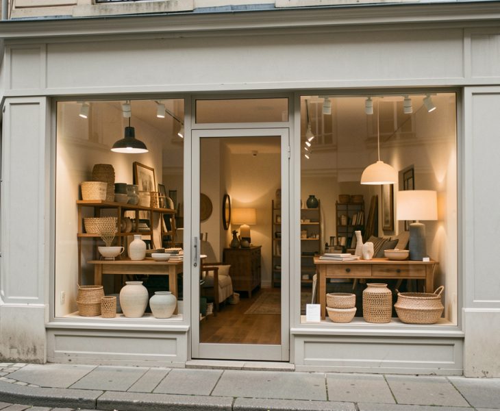 Devanture réaliste d’une boutique de décoration à Auxerre, avec une vitrine présentant des meubles et des luminaires dans une rue commerçante calme.
