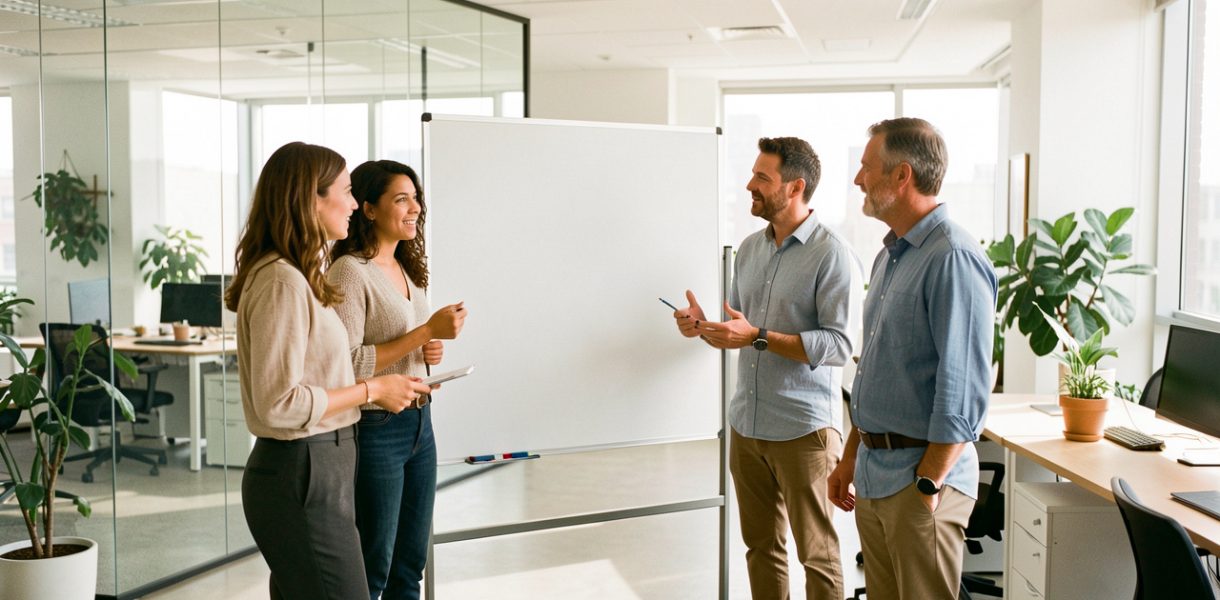 Une équipe composée de deux femmes et deux hommes échange dans des bureaux modernes et lumineux près d’un panneau d’information vierge.