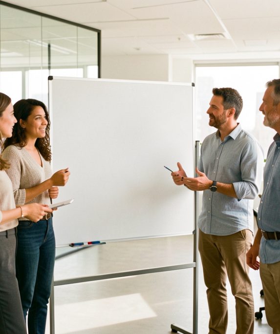 Une équipe composée de deux femmes et deux hommes échange dans des bureaux modernes et lumineux près d’un panneau d’information vierge.