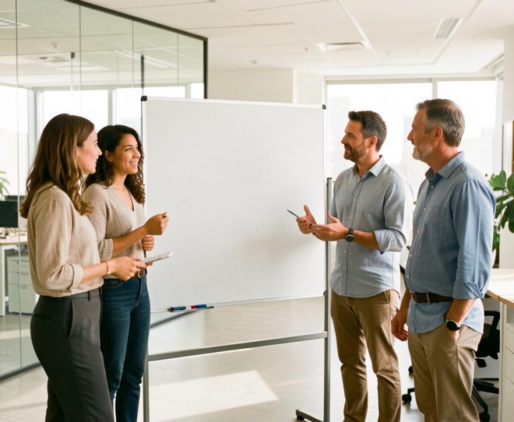 Une équipe composée de deux femmes et deux hommes échange dans des bureaux modernes et lumineux près d’un panneau d’information vierge.
