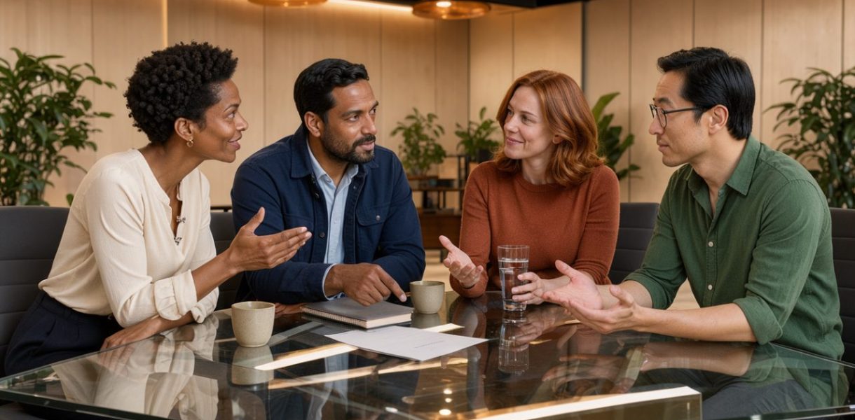 Équipe diversifiée échangeant chaleureusement autour d’une table lumineuse dans un espace professionnel contemporain.
