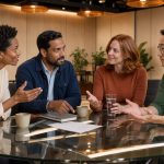 Équipe diversifiée échangeant chaleureusement autour d’une table lumineuse dans un espace professionnel contemporain.