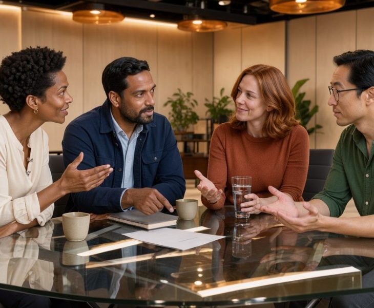 Équipe diversifiée échangeant chaleureusement autour d’une table lumineuse dans un espace professionnel contemporain.