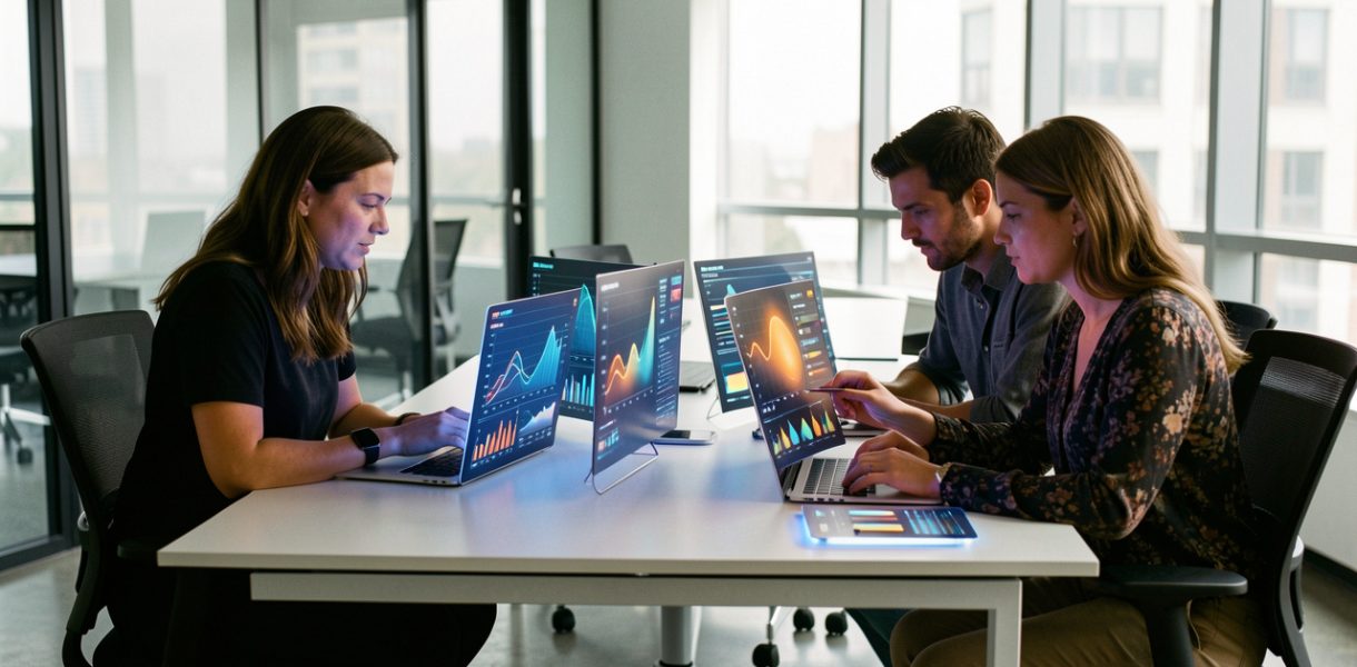 Deux femmes et un homme analysent ensemble plusieurs tableaux de bord numériques aux visualisations abstraites dans un bureau moderne et lumineux.