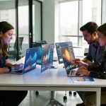 Deux femmes et un homme analysent ensemble plusieurs tableaux de bord numériques aux visualisations abstraites dans un bureau moderne et lumineux.