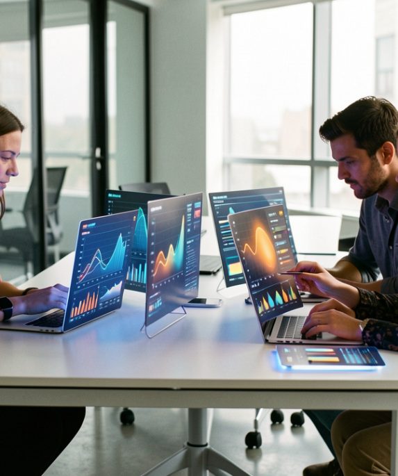 Deux femmes et un homme analysent ensemble plusieurs tableaux de bord numériques aux visualisations abstraites dans un bureau moderne et lumineux.
