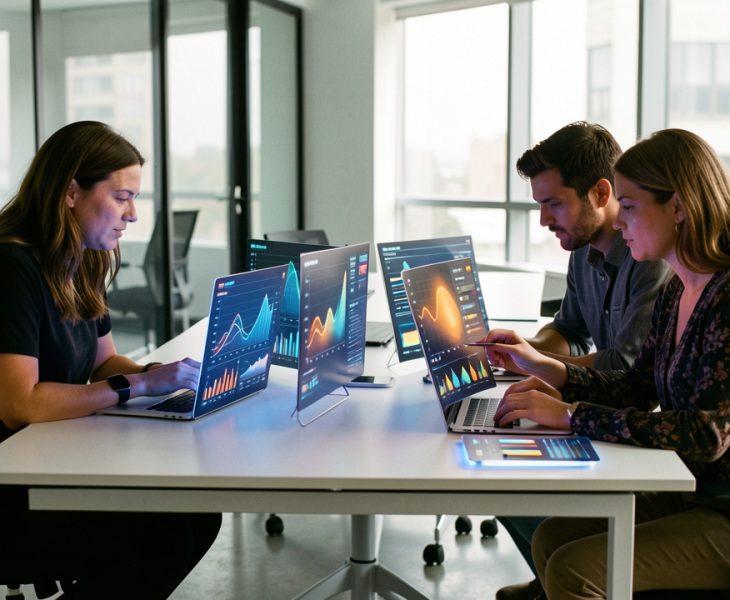 Deux femmes et un homme analysent ensemble plusieurs tableaux de bord numériques aux visualisations abstraites dans un bureau moderne et lumineux.