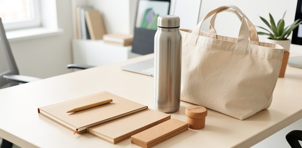 Assortiment élégant d’objets publicitaires durables disposés sur un bureau professionnel lumineux, comprenant une gourde en acier, un carnet vierge, un sac en coton et des accessoires en liège.
