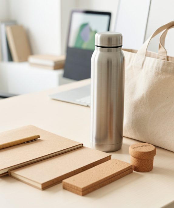 Assortiment élégant d’objets publicitaires durables disposés sur un bureau professionnel lumineux, comprenant une gourde en acier, un carnet vierge, un sac en coton et des accessoires en liège.