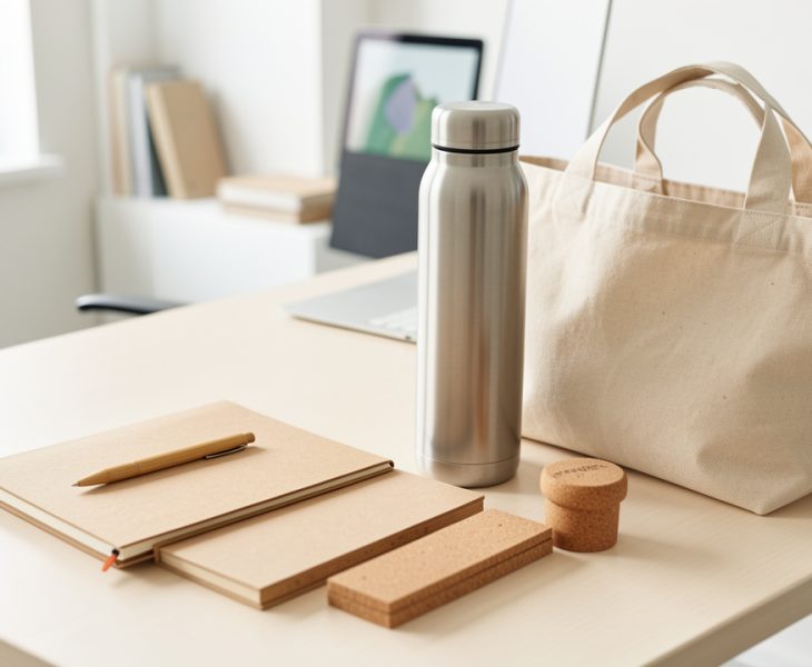 Assortiment élégant d’objets publicitaires durables disposés sur un bureau professionnel lumineux, comprenant une gourde en acier, un carnet vierge, un sac en coton et des accessoires en liège.