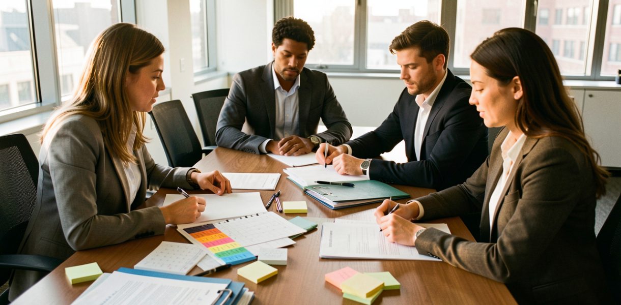 Trois collaborateurs réunis autour d’une table de conférence pour préparer une élection professionnelle, avec des documents vierges, un calendrier coloré et des fournitures de bureau.