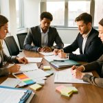 Trois collaborateurs réunis autour d’une table de conférence pour préparer une élection professionnelle, avec des documents vierges, un calendrier coloré et des fournitures de bureau.